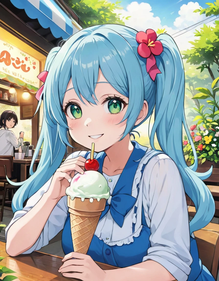 in the forest、Flower Field、A round ice cream and cherry on a green drink in a cafe full of flowers、cream soda、girl, Light blue long hair、Beautiful girl with twin tails、Bright smile、Melon Soda、Cute realistic portrait, かわいいgirlのアニメビジュアル, ソーダをテーマにしたgirl, かわいいアニメのgirl,With a straw, Splash art anime