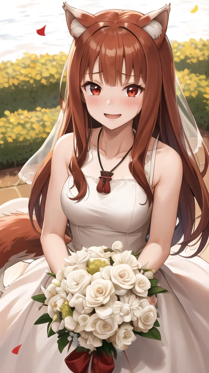 masterpiece, best quality, highres, 1girl, long hair, brown hair, animal ears, red eyes, wolf tail, necklace, wedding dress, white dress, garden, standing, holding bouquet, smile, tears, confetti,