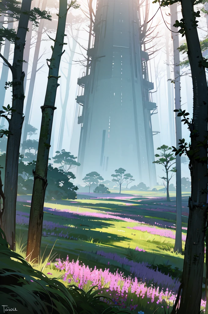 masterpiece, overgrown brutalism, Taupe glow, Storm Gray flowers, (fantasy forest), breathtaking landscape,