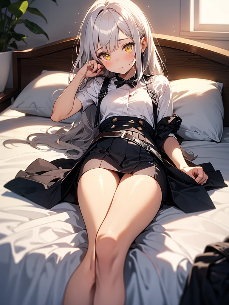 Masterpiece artwork、flat-colors、depth of fields、lens flare 1 girl、、 Yellow eyes、 Long hair、white hair、 watching viewers Black suspenders Large, protruding breasts Paredes: black miniskirt garters gauze Small face bangss coldre Belt armament Beautiful women restrained hands up lying in the bed Leg coldre lying on the bed gauze