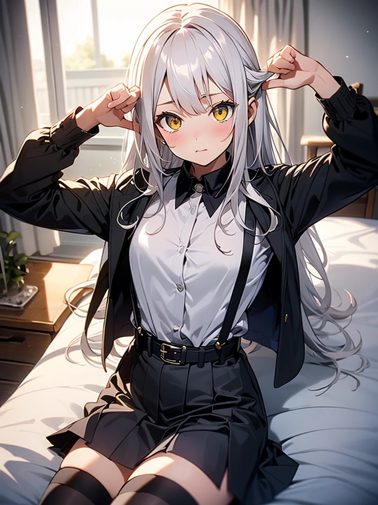 Masterpiece artwork、flat-colors、depth of fields、lens flare 1 girl、、 Yellow eyes、 Long hair、white hair、 watching viewers Black suspenders Large, protruding breasts Paredes: black miniskirt garters gauze Small face bangss coldre Belt armament Beautiful women restrained hands up lying in the bed Leg coldre lying on the bed gauze