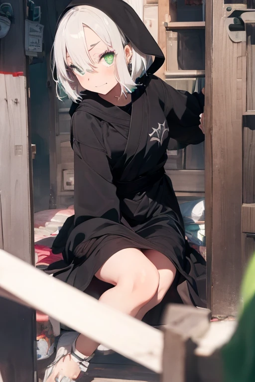1 woman, black robe, radiant green eyes, white hair,anime, realistic,Black head covering,ultra detail