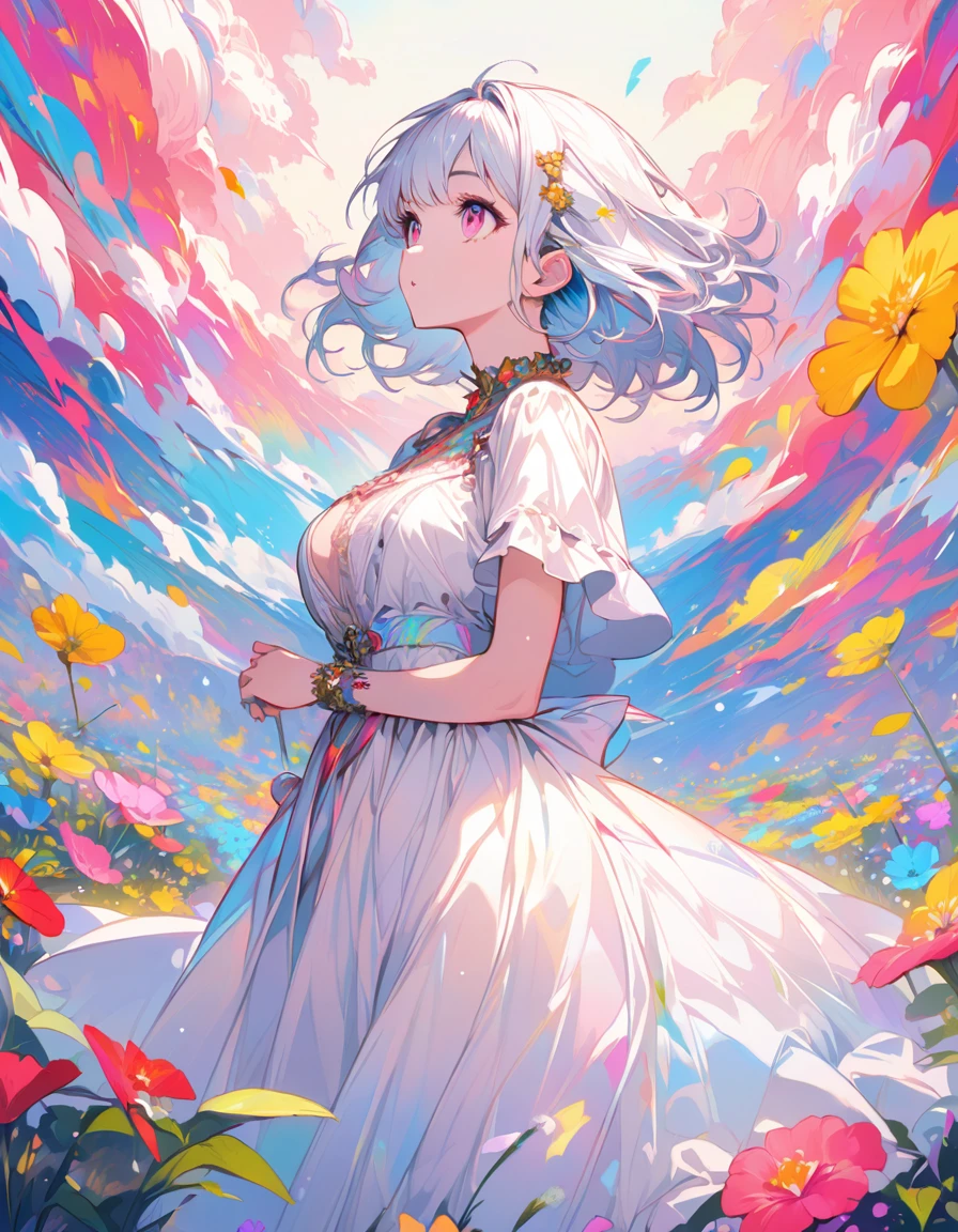 (masterpiece)、(absurdres)、(ultra detailed)、Colorful illustration:1.2,solo lady、 shiny white hair、shortcut hair、shiny pink eyes、big breast:0.8、(wizard white dress)、BREAK、(yellow hairpin)、BREAK、side view,(cowboy shot),(wide shot),Wide colorful flower field、looking away:1.1,looking up:1.1,Looking up at the sky、