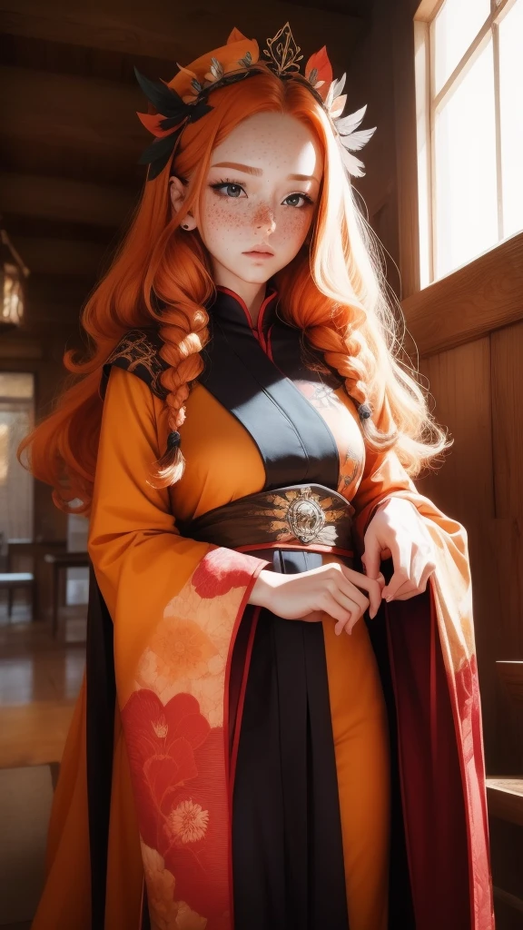 18 years old princess, striking figure, long ginger hair, wavy hairs, fair skin, (freckles), (kolito), innocent and regal appearance, expressive eyes are filled with a mix of curiosity and determination, her slender frame, elegant grace, vibrant orange kimono with white and black decorations, very long ((sleeves past fingers)), sleeves past wrists, feather headdress