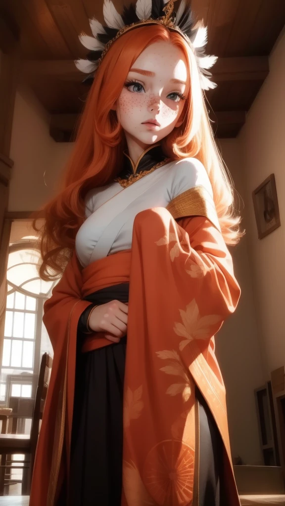 18 years old princess, striking figure, long ginger hair, wavy hairs, fair skin, (freckles), (kolito), innocent and regal appearance, expressive eyes are filled with a mix of curiosity and determination, her slender frame, elegant grace, vibrant orange kimono with white and black decorations, very long ((sleeves past fingers)), sleeves past wrists, feather headdress