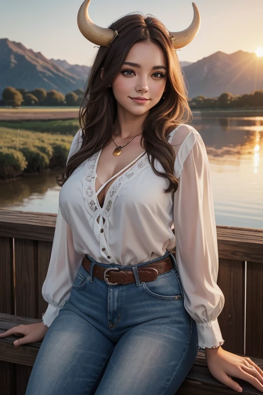 (work of art:1.2, best qualityer), (beautiful detailed eyes: 1.2), young woman, Brown eyes, corpo curvelineo, Grinning, brown loose hair, ((cow horns)), white blouse, neckleace, blue jeans, farm, sunset, cowgirl, appealing, sitting, lake