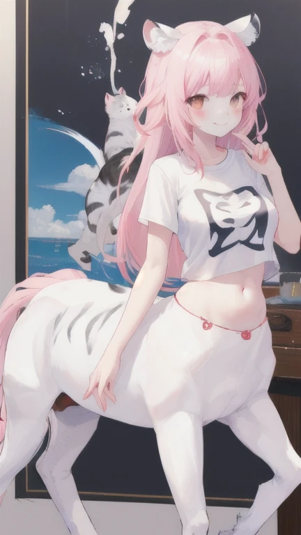 (best quality, masterpiece), 1 girl, centaur, It takes, White skin, Korean ,daughter,black pink,Smiling, exposing the abdomen, belly button t-shirt , 아름다운 소녀 perfect white tiger photo, perfect white tiger photo