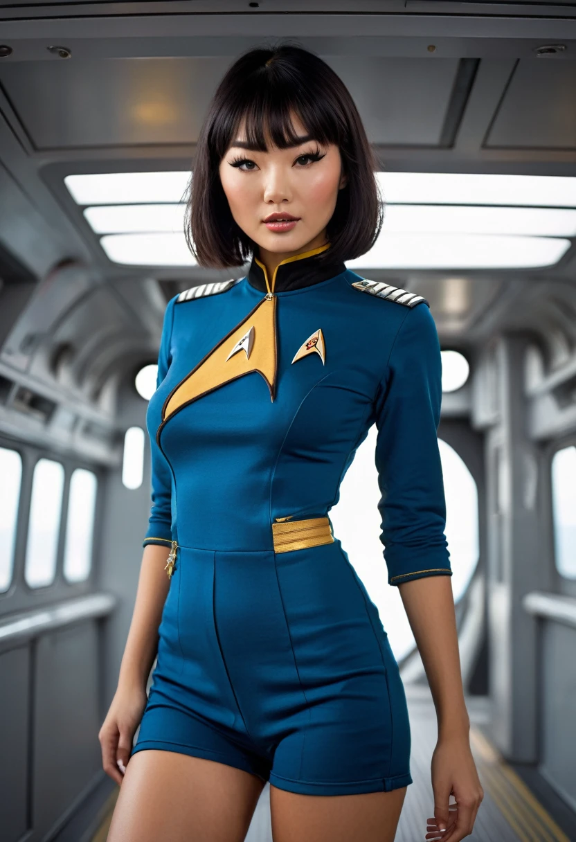 provocative, sexy, very sexy, flirtatious, arousing, revealing, sensuous, teasing ((ripped open uniform 1.4)) ((on the bridge of the enterprise 1.3) ((wearing star trek original series 70s one piece sexist sexy short mini dress bridge crew uniform ripped)) ((dress is too short 1.5)) ((sexy hot pants, sexy ripped jump suit)) ((ripped 1.5)) (asian-european, half-asian crew member with bob haircut and slim figure) ((in the style of a retro-futuristic, retro-scifi film set) ((in the style of a 70s erotic movie, soft focus, cinematic, pulp, porn, retro porn, 1970s film) ((ultra realistic, detailed and dynamic)) (nikon d850 film 4 kodak portra 400 camera f1.6 lens, rich colors, hyper realistic, lifelike texture, dramatic lighting, cinestill 800 tungsten, (RAW photo, nikon, 8k, Super detailed, advanced details, intricate details, Super detailed), (award winning photo, masterpiece), (photo-realistic) ((anatomically correct, High precision human body, highly detailed face, realistic skin)) Lighting: Face lighting, Ray tracing, reflective light, Structurally correct)