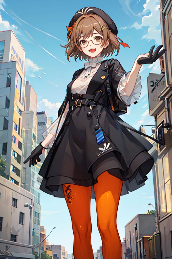 ((nsfw)),looking at viewer, 1girl, solo, gloves, pantyhose, glasses, hat, brown hair, brown eyes, beret, smile, dress, open mouth, hair ornament, short hair, blue sky, sunshine,clound,modern, city,wet pussy,
