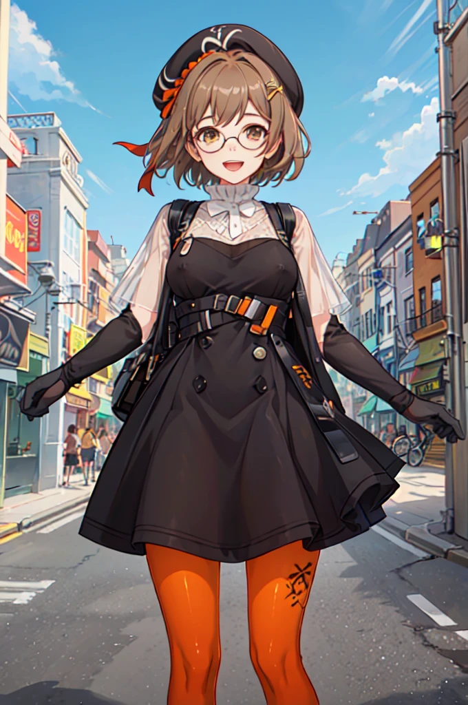 ((nsfw)),looking at viewer, 1girl, solo, gloves, pantyhose, glasses, hat, brown hair, brown eyes, beret, smile, dress, open mouth, hair ornament, short hair, blue sky, sunshine,clound,modern, city,wet pussy,