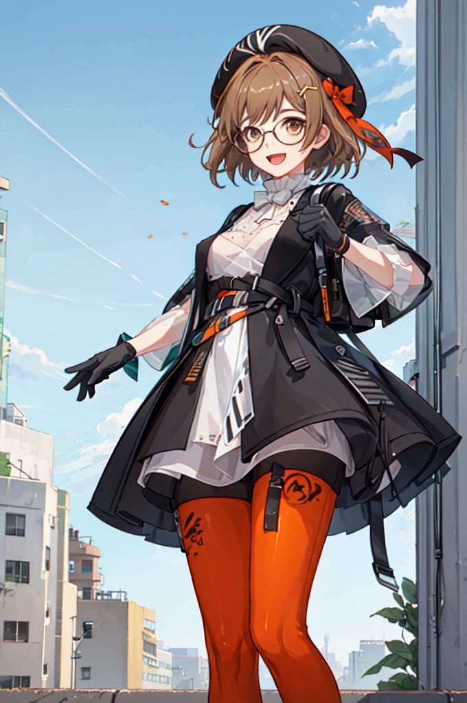((nsfw)),looking at viewer, 1girl, solo, gloves, pantyhose, glasses, hat, brown hair, brown eyes, beret, smile, dress, open mouth, hair ornament, short hair, blue sky, sunshine,clound,modern, city,wet pussy,