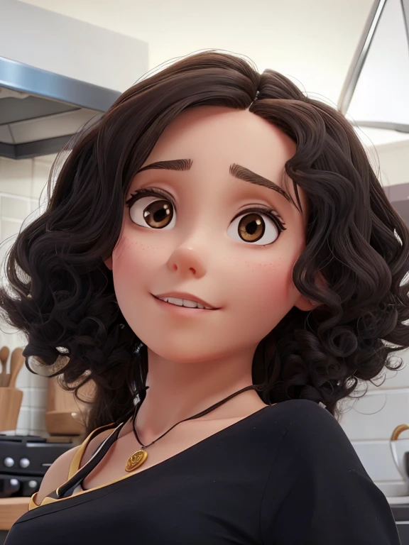 brunette Clara, voluminous and frizzy hair, color black, in a kitchen, 1,50 tall