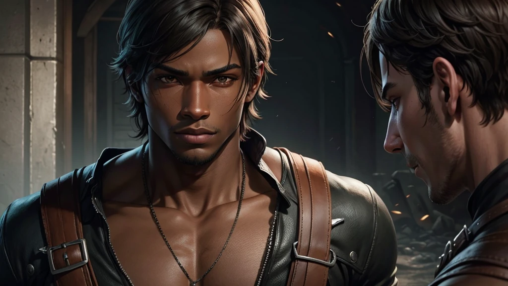 Draw a young man, dark-skinned, masculine, in the middle of the island of resident evil 4
