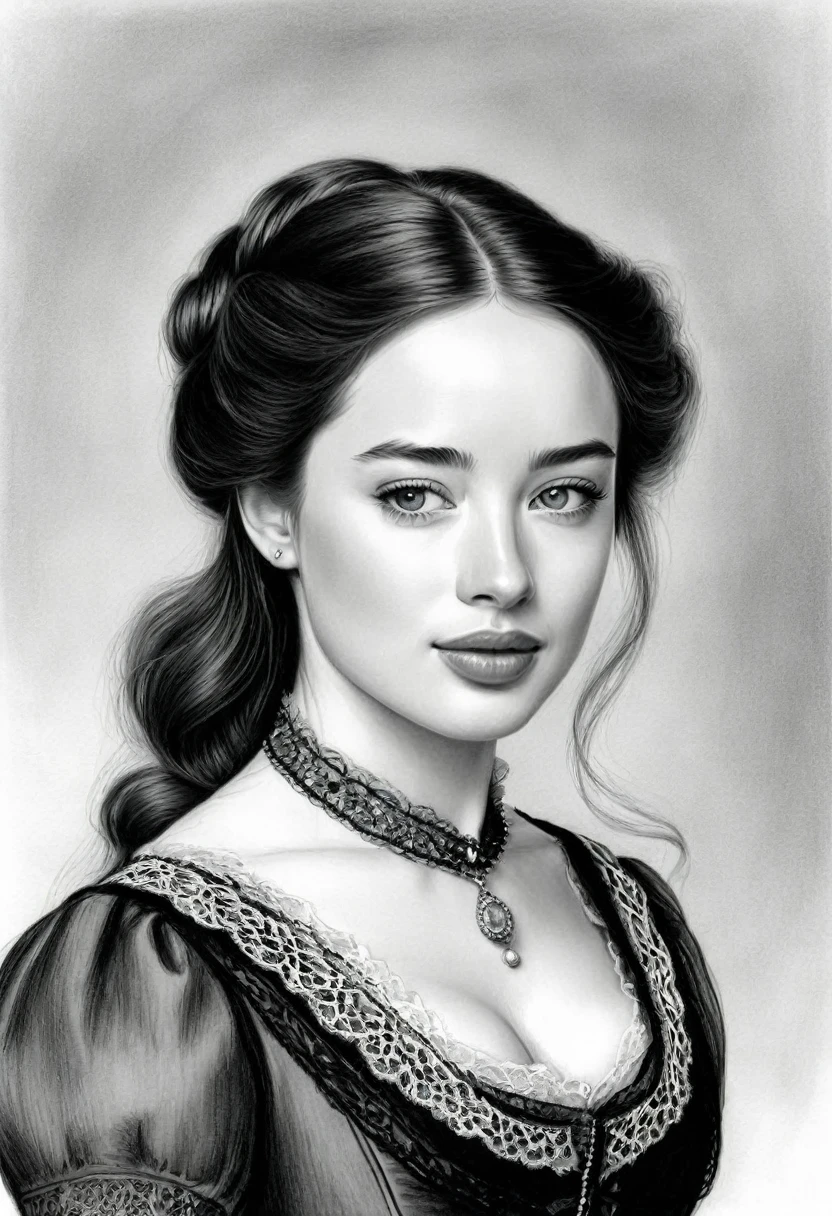 A pencil drawing of a beautiful Victorian woman who looks like Anna Popplewell