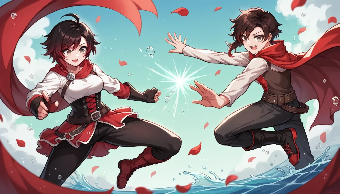 2girl, dynamic pose, (girl1: Short black hair, grey eyes, pale skin, red cape,) (girl2: Long brown hair, brown eyes, pale skin, white clothes.) Ruby rose from RWBY, simple backround, special effects, falling red petals, water droplets,