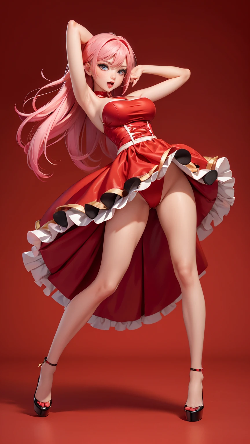 ((full_body))、Woman、red_background、big_breasts、Detailed、(dress)、POP、vivid、pose、out_tongue、underboob