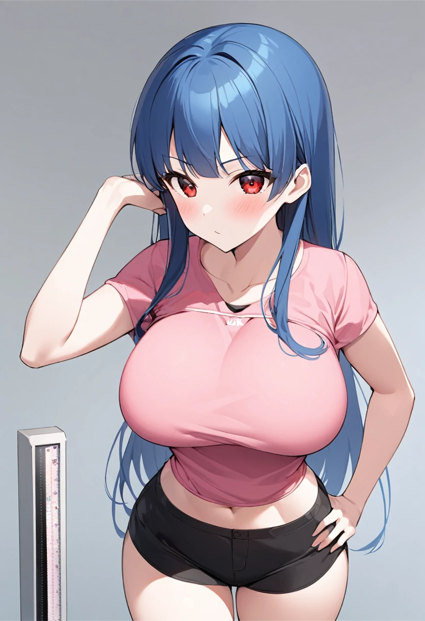 My name is Yukiko.I am a white test woman with long Sky blue hair,red eye color.I am 1.62 cm tall . My breasts measure 200 cm, my waist 40 cm and my hips 200 cm.Dressed in a low-cut pink blouse and short black shorts. With big breasts 200 cm
