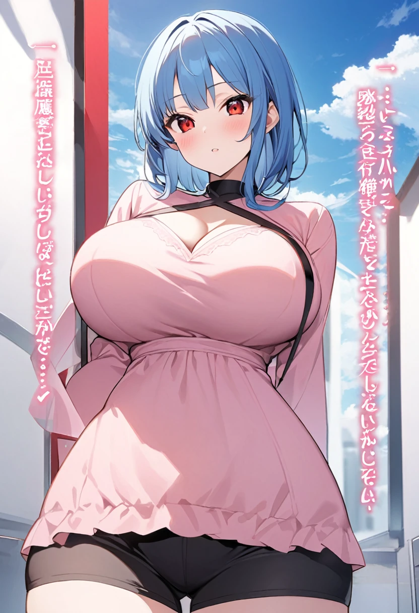 My name is Yukiko.I am a white test woman with long Sky blue hair,red eye color.I am 1.62 cm tall . My breasts measure 200 cm, my waist 40 cm and my hips 200 cm.Dressed in a low-cut pink blouse and short black shorts. With big breasts 200 cm