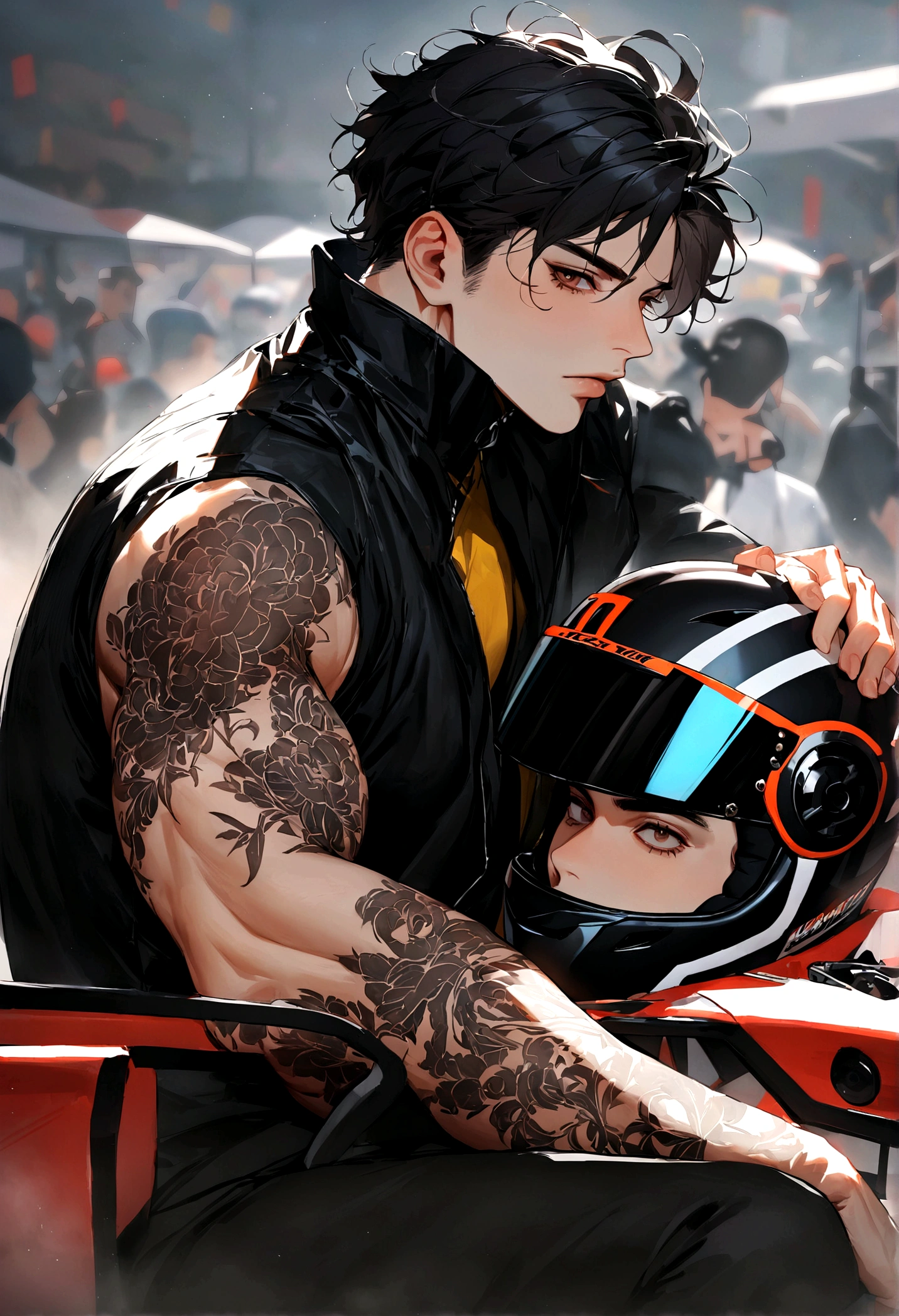 ((Best Quality)), ((Masterpiece)), (detailed), 1 karting driver boy, with oversized white and black clothes, with tattoos on his arms, with his black helmet, he has black hair, Brown eyes, he is tall a little muscular, degreased a track and raced your karting