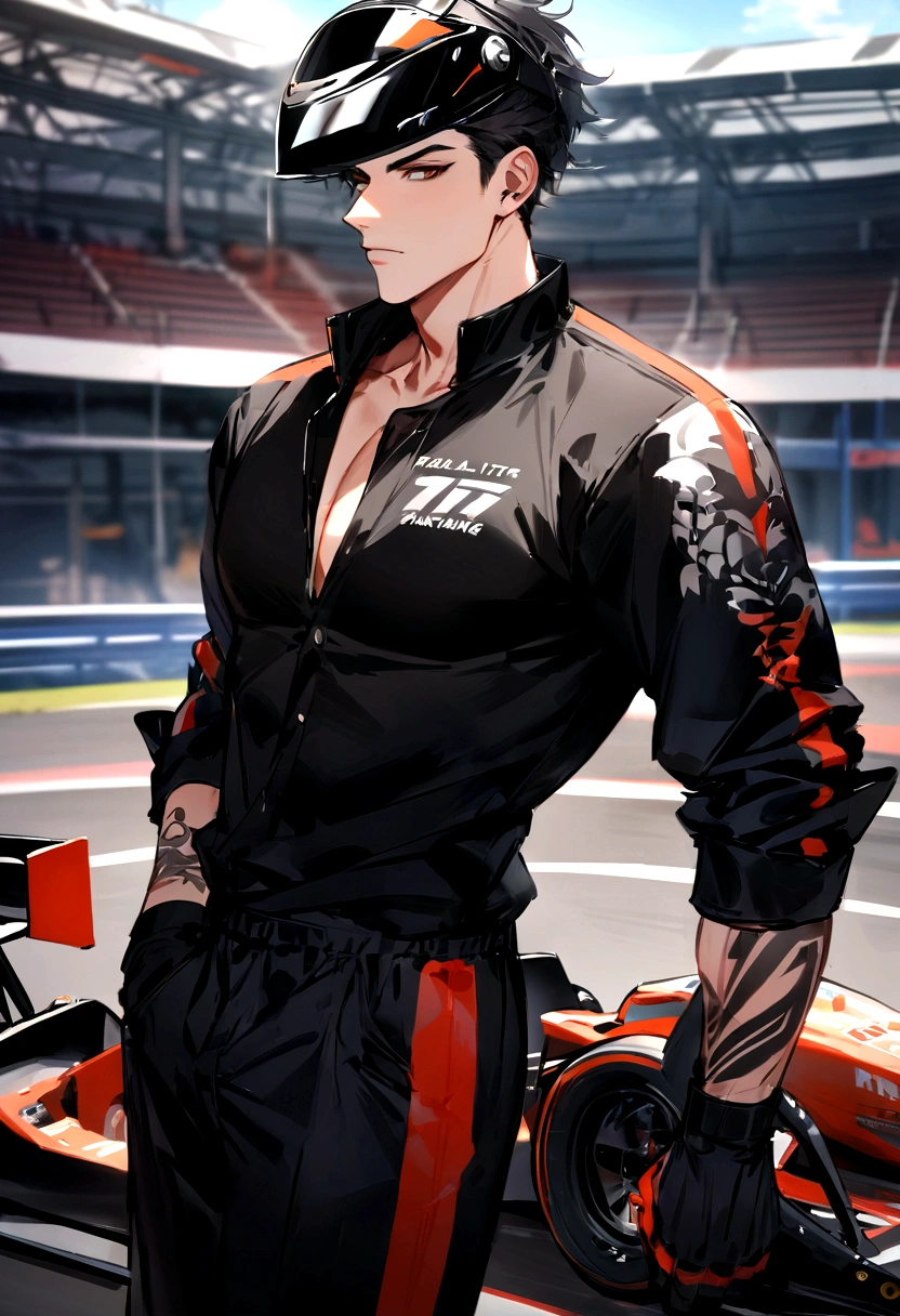 ((Best Quality)), ((Masterpiece)), (detailed), 1 karting driver boy, with oversized white and black clothes, with tattoos on his arms, with his black helmet, he has black hair, Brown eyes, he is tall a little muscular, degreased a track and raced your karting