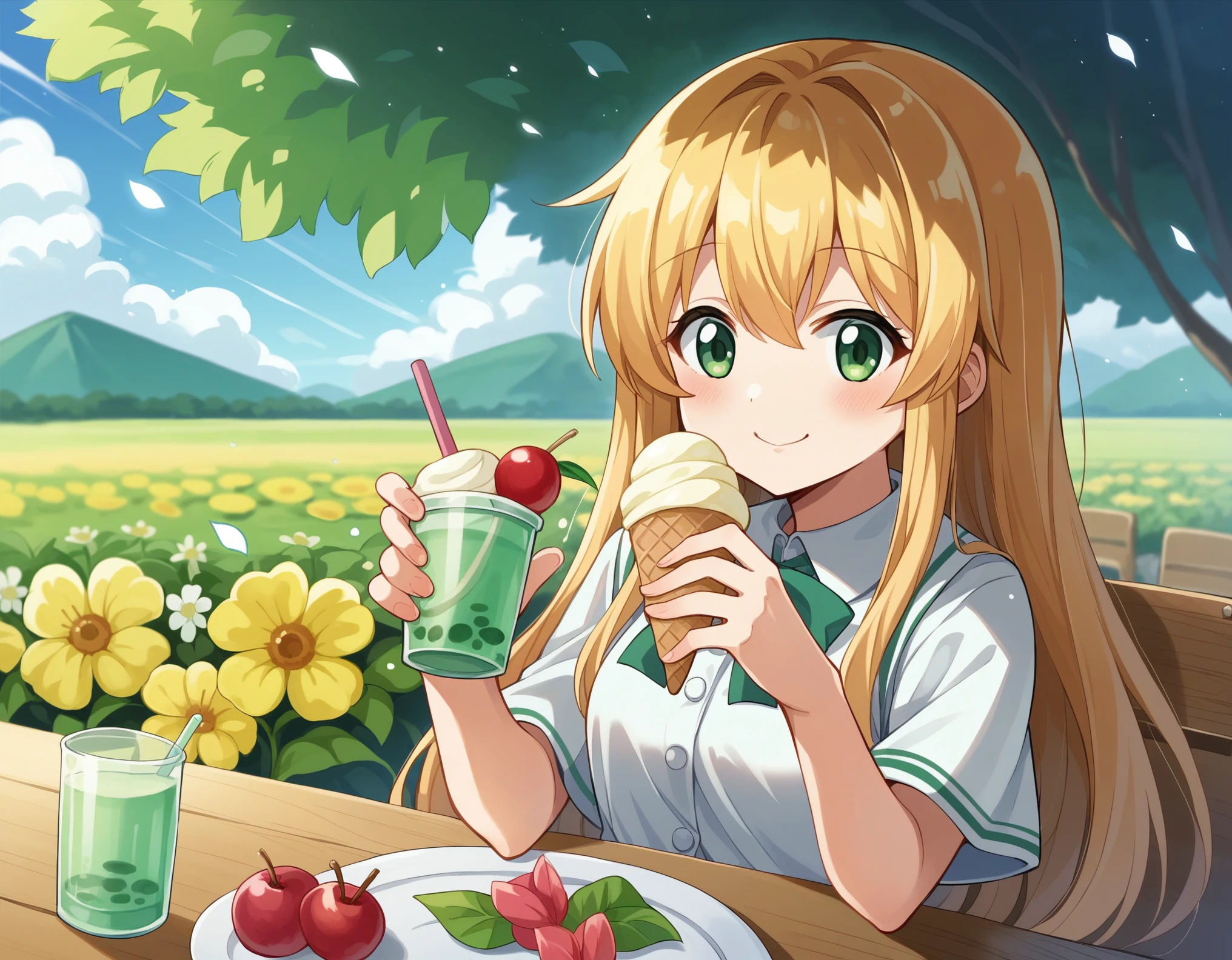 in the forest、Flower Field、Ice cream and cherry on a green drink in a cafe full of flowers、girl, Light blue long hair、Beautiful girl with twin tails、Bright smile、Melon Soda、Cute realistic portrait, かわいいgirlのアニメビジュアル, ソーダをテーマにしたgirl, かわいいアニメのgirl,With a straw, Splash art anime