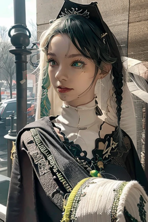 1 woman, black robe, radiant green eyes, white hair,anime, realistic,Black head covering,ultra detail