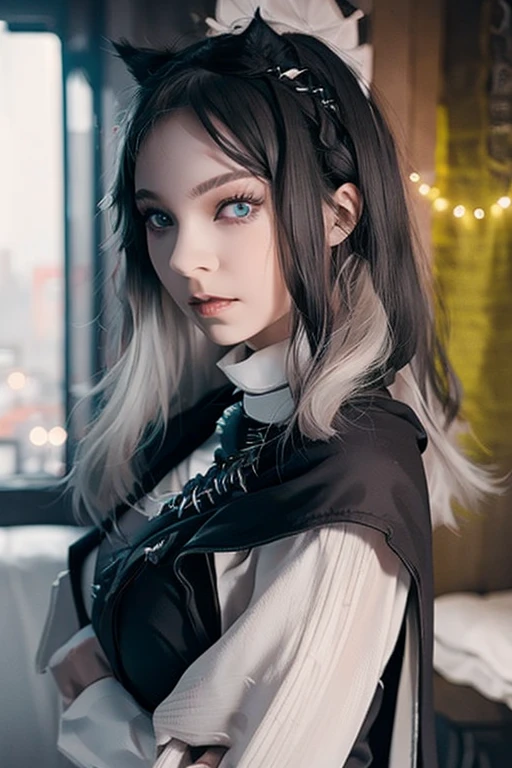1 woman, black robe, radiant green eyes, white hair,anime, realistic,Black head covering,ultra detail