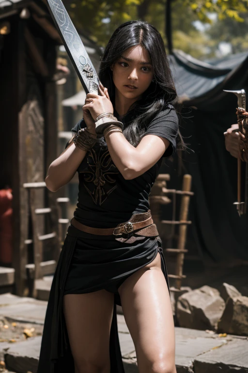 A black-haired girl wields the Heavy Thrusting Swords from within the Elden Ring in a reverse grip.