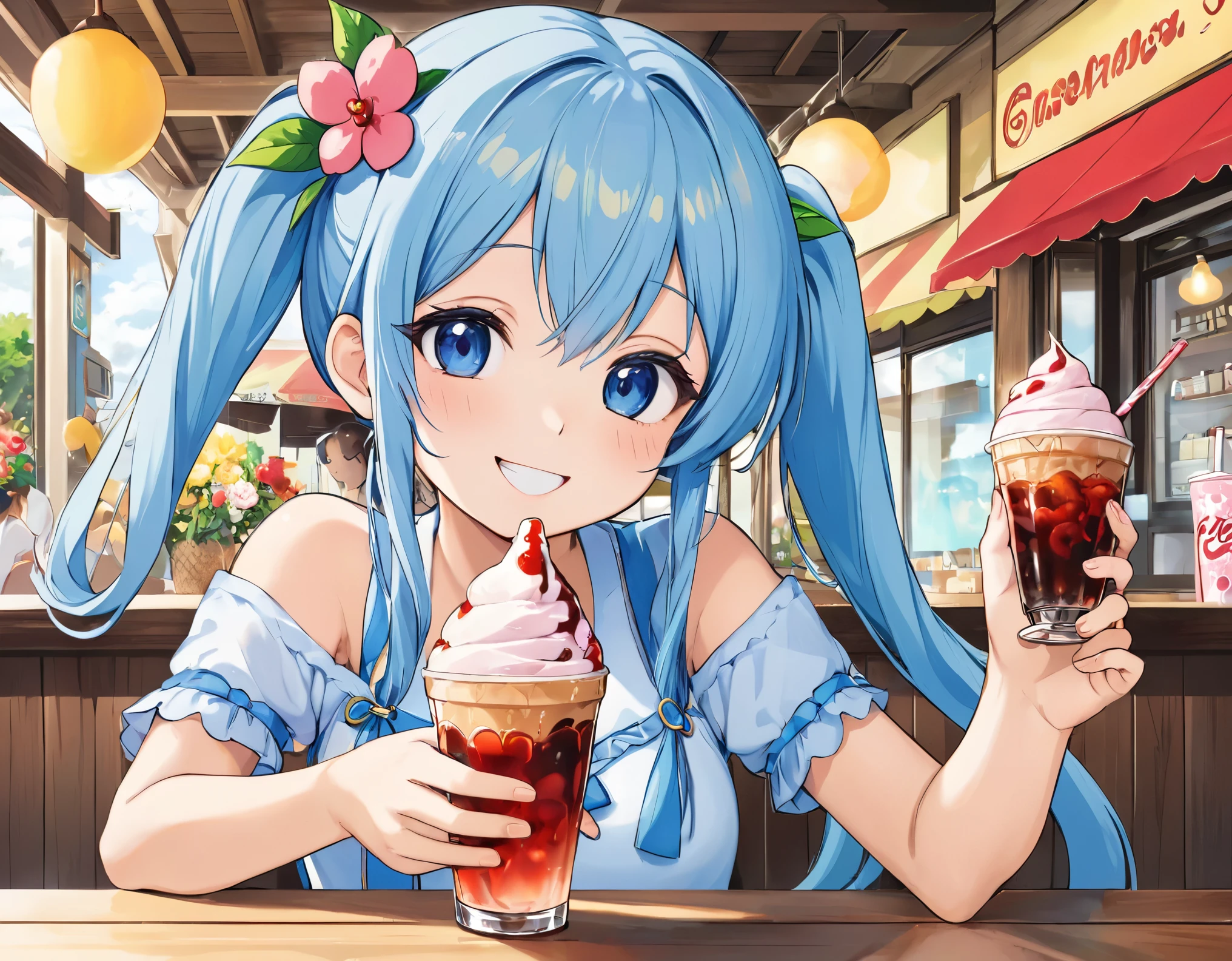 Ice cream and red cherry on a green drink in a seaside cafe decorated with flowers、girl, Light blue long hair、Beautiful girl with twin tails、Bright smile、cream soda、Cute realistic portrait, かわいいgirlのアニメビジュアル, ソーダをテーマにしたgirl, かわいいアニメのgirl,With a straw, Splash art anime