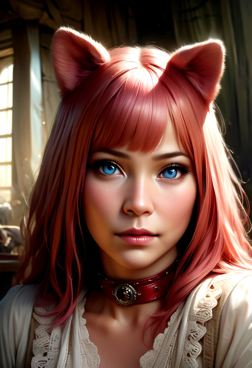 a cute chibi girl with pink hair and bangs, blue eyes, wearing a long blouse, lace panties, and a red collar, with dog ears and a dog tail, (best quality,4k,8k,highres,masterpiece:1.2),ultra-detailed,(realistic,photorealistic,photo-realistic:1.37),1girl,beautiful detailed eyes,beautiful detailed lips,extremely detailed eyes and face,long eyelashes,fantasy,anime,kawaii,cute,adorable,digital art,highly detailed,vibrant colors,soft lighting