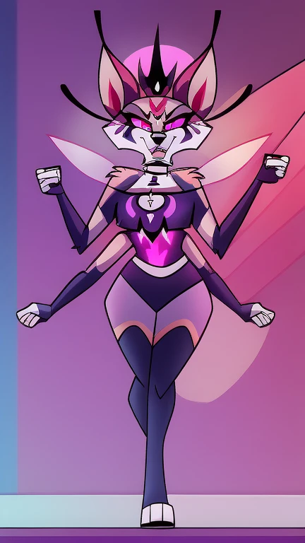 (masterpiece, best quality:1.2), Queen Bee female hellhound, wolf, furry, helluva boss, hypnotized with glowing purple eyes without iris or pupils, using a Pulse Rifle, Energy Rifle, Futuristic assault rifle, angry growling, flying menacingly, full body image, laboratory background