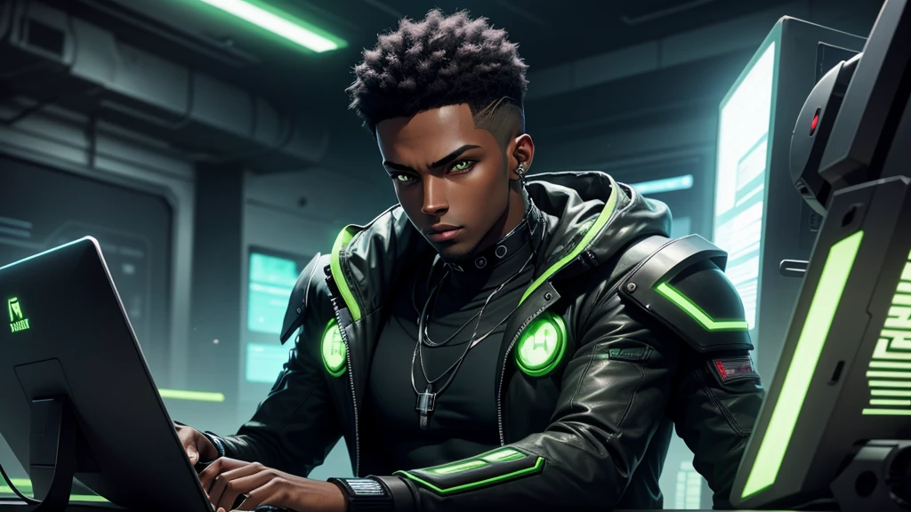 Draw a young man, dark-skinned, green-eyed, playing on the computer, cyberpunkstyle