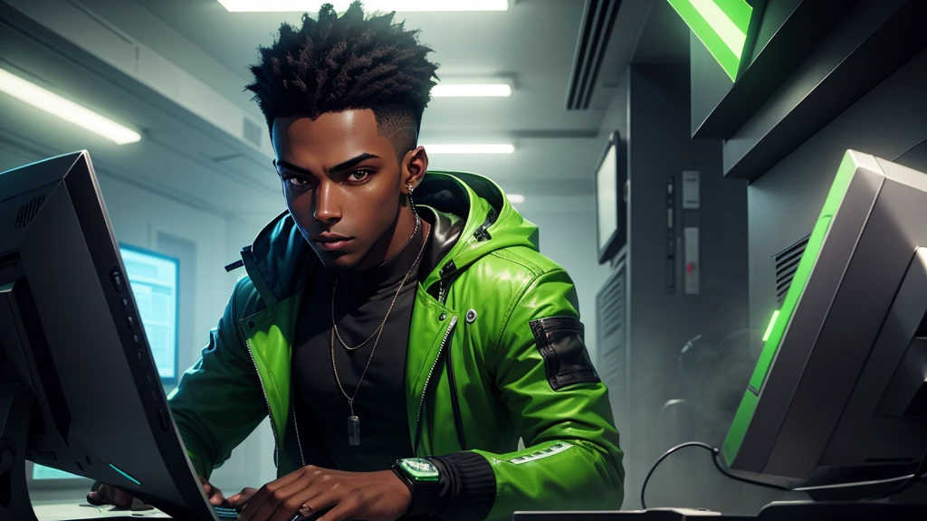 Draw a young man, dark-skinned, green-eyed, playing on the computer, cyberpunkstyle