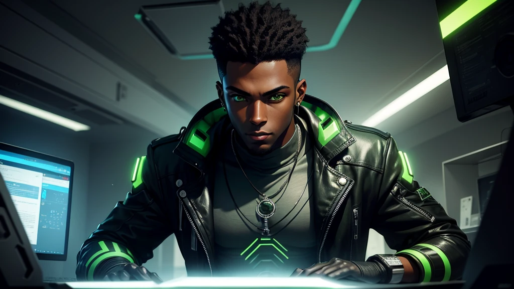 Draw a young man, dark-skinned, green-eyed, playing on the computer, cyberpunkstyle