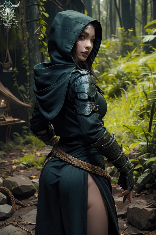 "The Last Anaconda Amazon" Beautiful woman, cold face, no horns, have an anaconda tail behind her butts, scary tail, have a thousand arms, an ancient witch, wear a full-mask cover face, holding sharply weapon and shield, wear an old-fashioned hood, wear a clothes from Arknights, Bloodborne theme, Arknights theme, dark fantasy, scary theme, green forest, monstrous pet, bloody background, supervillain, evil movement, mercilessly squads.