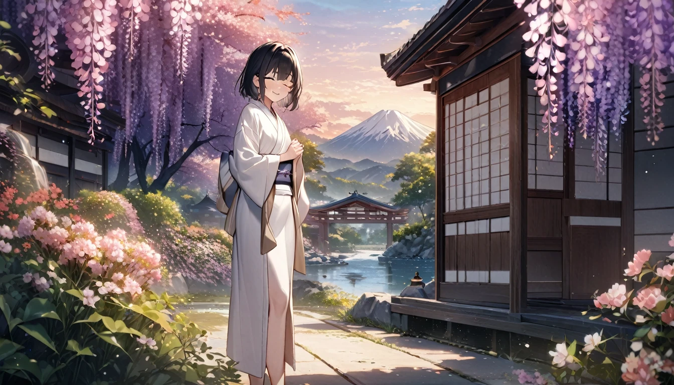 1girl, solo, flat chest, short hair, black hair, standing, gentle smile on her face((masterpiece, illustration, best quality), eyes closed, ((best quality)), ((masterpiece)), mdjrny-pprct, japanese architecture, Sakura, wisteria, flower garden, mountains and rivers, Clouds (high detial: 1.2)、evening glow, white japenese robe (white)