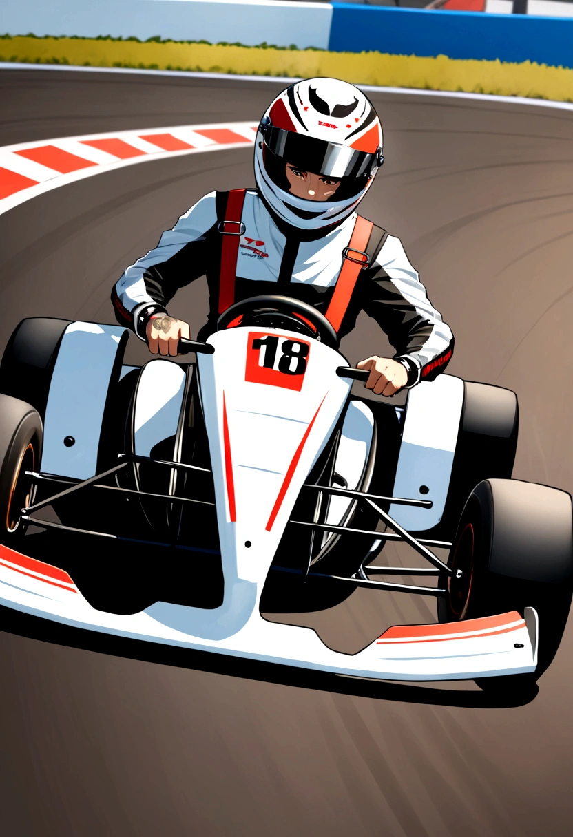 ((Best Quality)), ((Masterpiece)), (detailed), 1 karting driver boy, with oversized white and black clothes, with tattoos on his arms, with his black helmet, he has black hair, Brown eyes, he is tall a little muscular, degreased a track and raced your karting