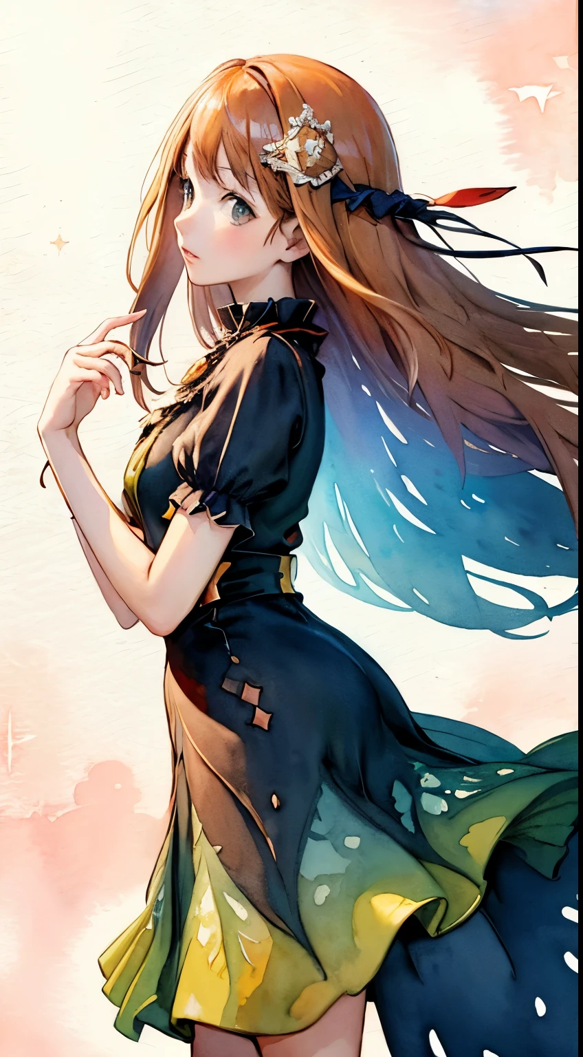 (masterpiece, top quality, best quality,watercolor (medium),official art, beautiful and aesthetic:1.2),(1girl:1.3), (fractal art:1.3), whole body, from 30-degrees angle, looking at viewer, patterns, silky hair ,water, liquid, cloud, colorful dress, starry, stars, sexy pose, red black and white, pastel colours