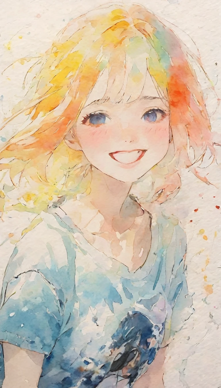 Splatter backgrounds and spray paint effects, Adam Hughes, White t-shirt and jeans shorts, Upper Body Center, Multi-coloured hair,Watery eye, Big happy smile, watercolor, watercolor, watercolor風, watercolorの詳細なアート, watercolor digital painting, watercolor paints, 非常に精巧なwatercolor, watercolor，Japanese women，18-year-old, Long Hair,Black-haired