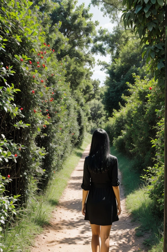 A woman looking ahead on a path full of thorns and in the background is an endless paradise. She has black hair but she knows the journey is long.
