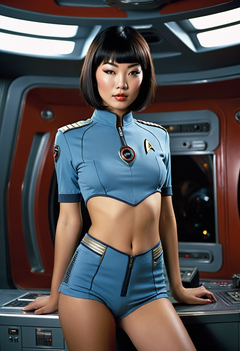 provocative, sexy, very sexy, flirtatious, arousing, revealing, sensuous, teasing ((torn open uniform revealing skin 1.4)) ((clutching her torn clothes to her breasts 1.5)) ((on the bridge of the enterprise 1.3) ((wearing star trek original series 70s one piece sexist sexy short mini dress bridge crew uniform ripped)) ((dress is too short 1.5)) (asian-european, half-asian crew member with bob haircut and slim figure) ((in the style of a retro-futuristic, retro-scifi film set) ((in the style of a 70s erotic movie, soft focus, cinematic, pulp, porn, retro porn, 1970s film)