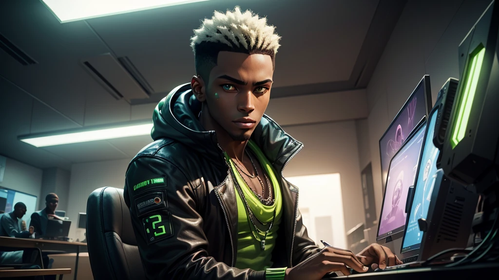 Draw a young man, dark-skinned, green-eyed, playing on the computer, cyberpunkstyle