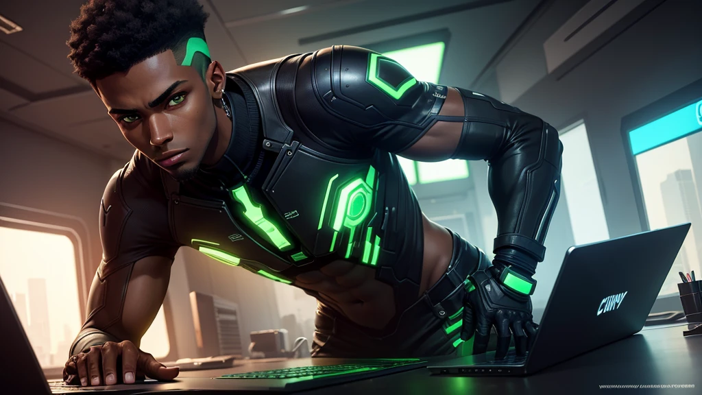 Draw a young man, dark-skinned, green-eyed, playing on the computer, cyberpunkstyle