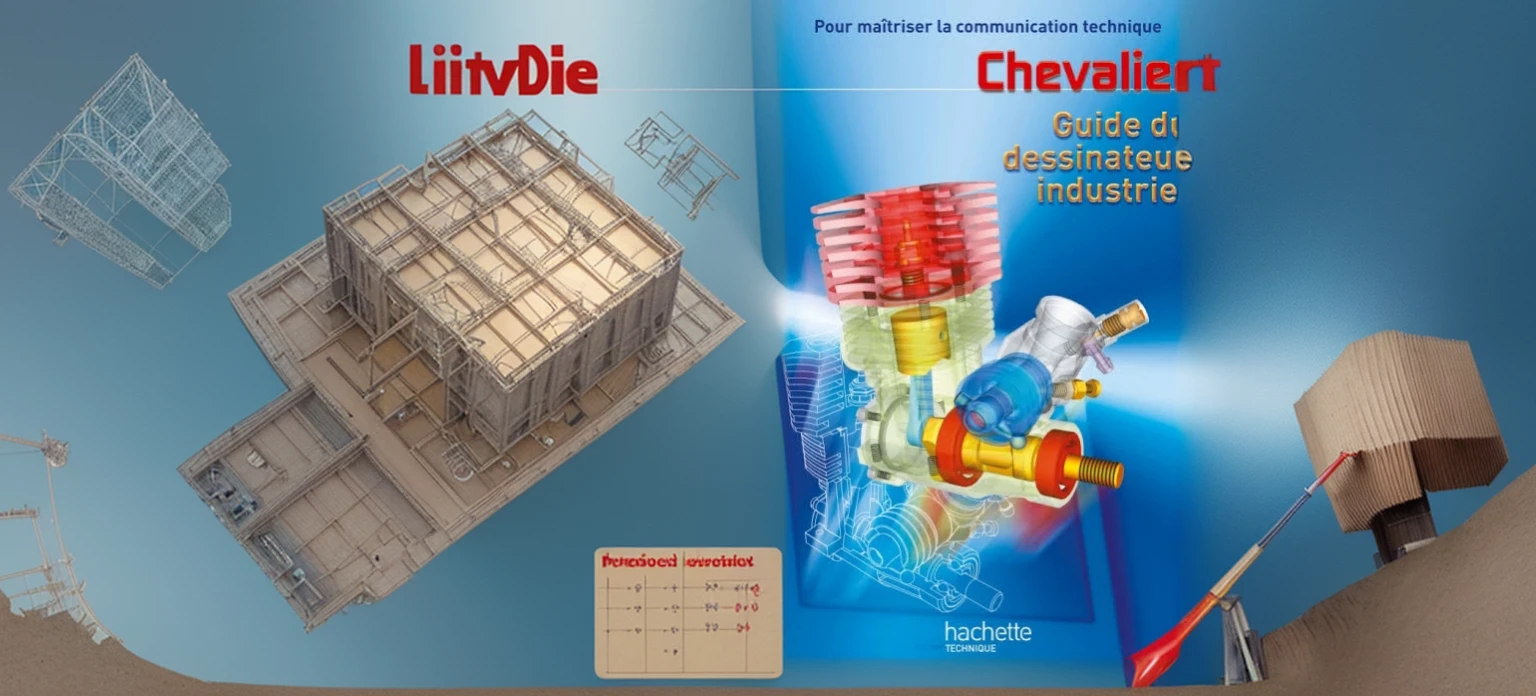 Agrandit cette couverture de livre en une belle image de haut de page de site internet en y ajoutant des dessins industriel, des plans de fabrications et des formule de maths