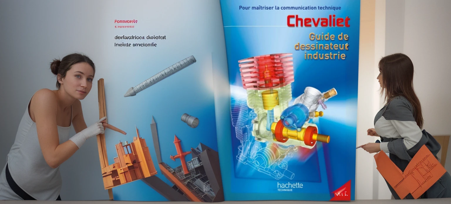 Agrandit cette couverture de livre en une belle image de haut de page de site internet en y ajoutant des dessins industriel, des plans de fabrications et des formule de maths