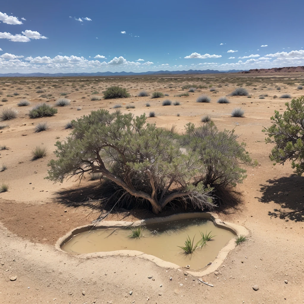 Image of a crystal clear spring emerging from the sandy soil of the Cerrado, surrounded by typical vegetation such as grasses and low shrubs, With the blue sky in the background.