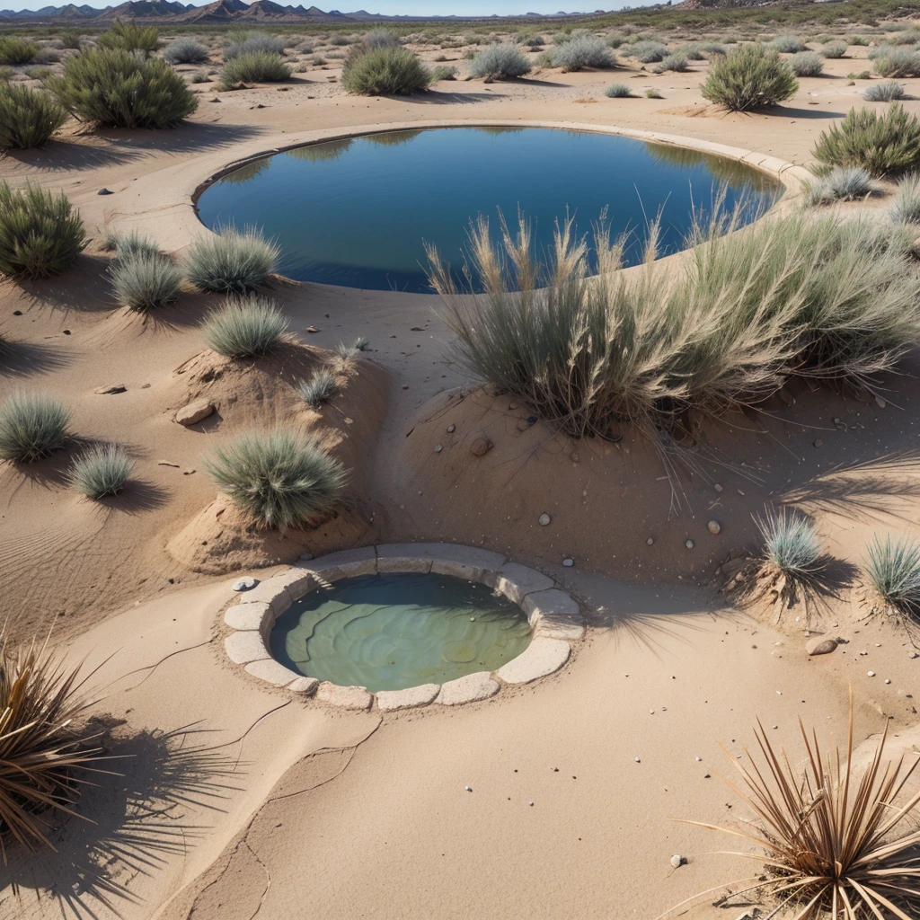 Image of a crystal clear spring emerging from the sandy soil of the Cerrado, surrounded by typical vegetation such as grasses and low shrubs, With the blue sky in the background.