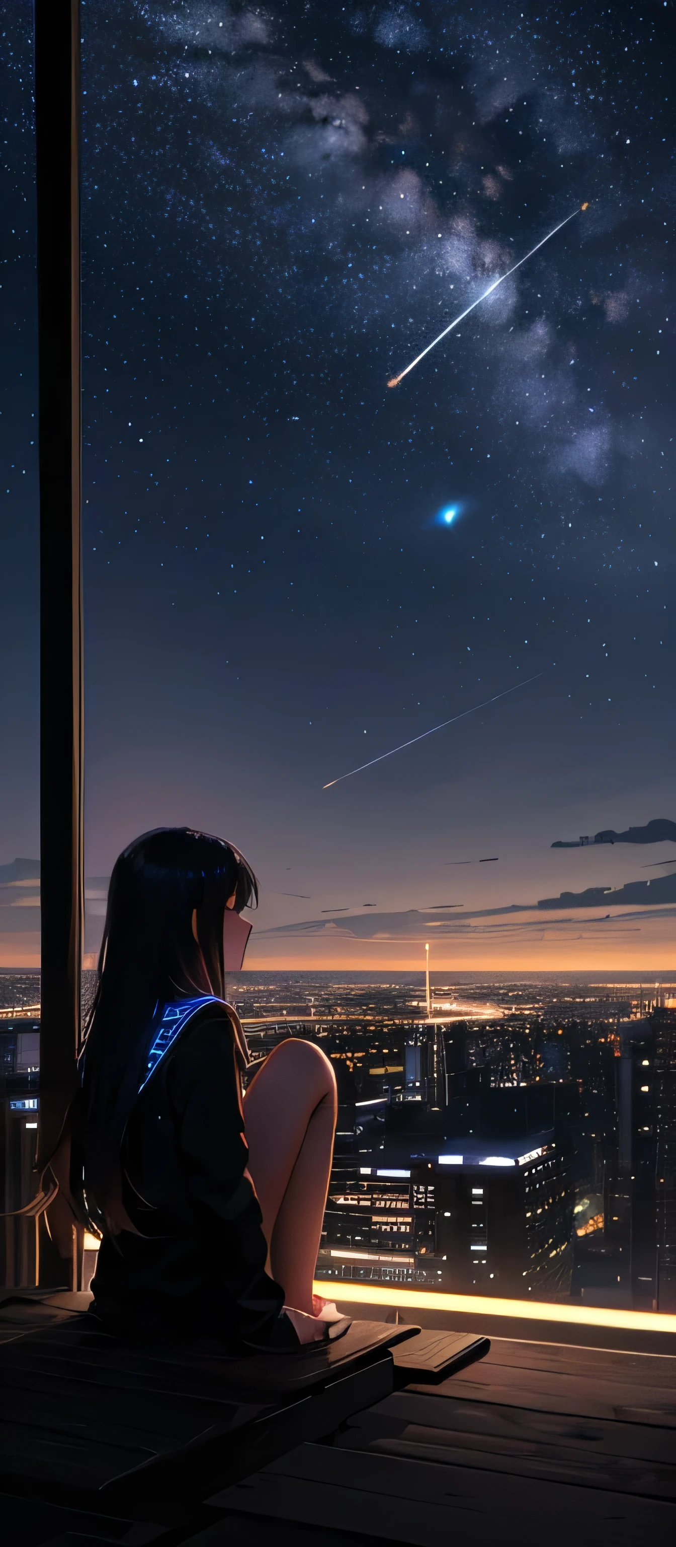 Octane, null, star (null), scenery, starry null, night, One girl, night null, alone, Outdoor, building, cloud, milky way, Sitting, wood, Long Hair, city, silhouette, cityscape