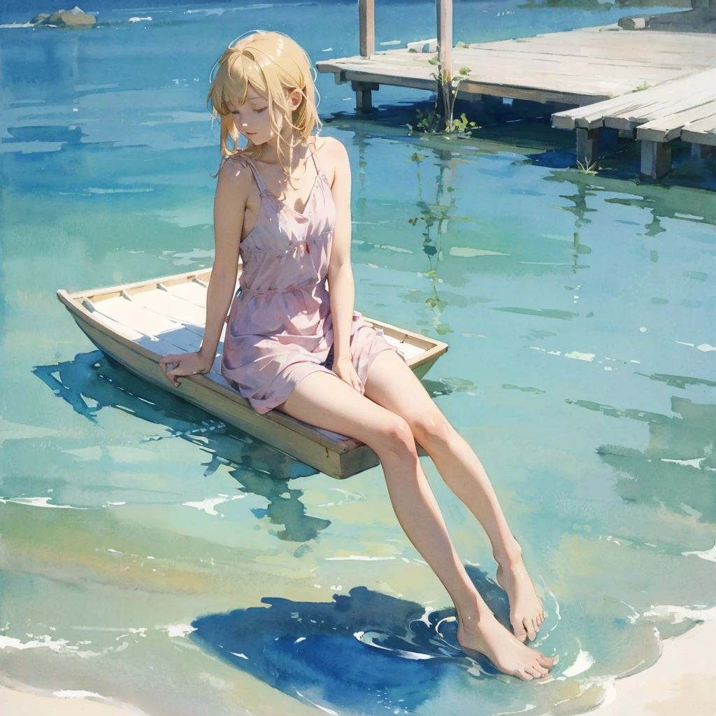 Tranquil voyager girl, in watercolor style, Photorealism, discreet pink and mint shades, barefoot, blonde hair, gentle thoughtful image