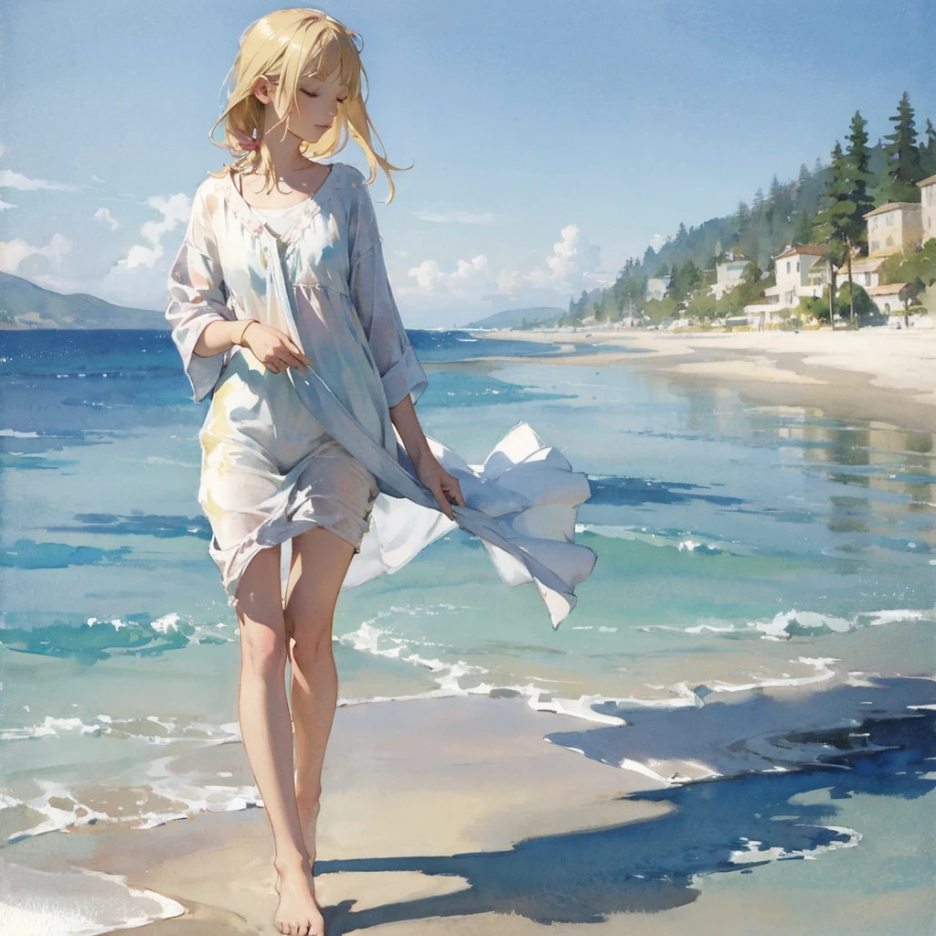 Tranquil voyager girl, in watercolor style, Photorealism, discreet pink and mint shades, barefoot, blonde hair, gentle thoughtful image